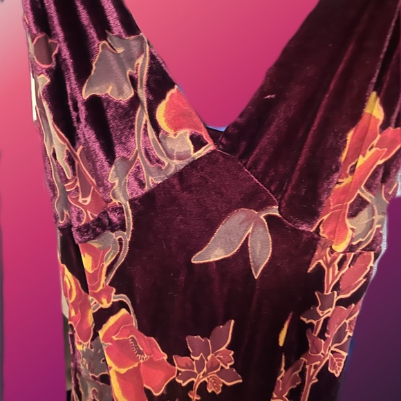 Floral burgundy and orange velvet Women's slip dress - Picture 2 of 3
